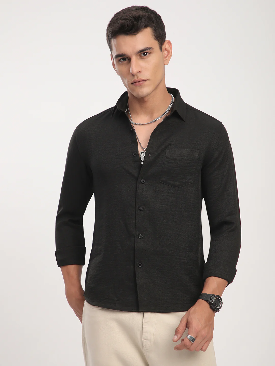 Black Minimalist Solid Crinkled Shirt - Image 5