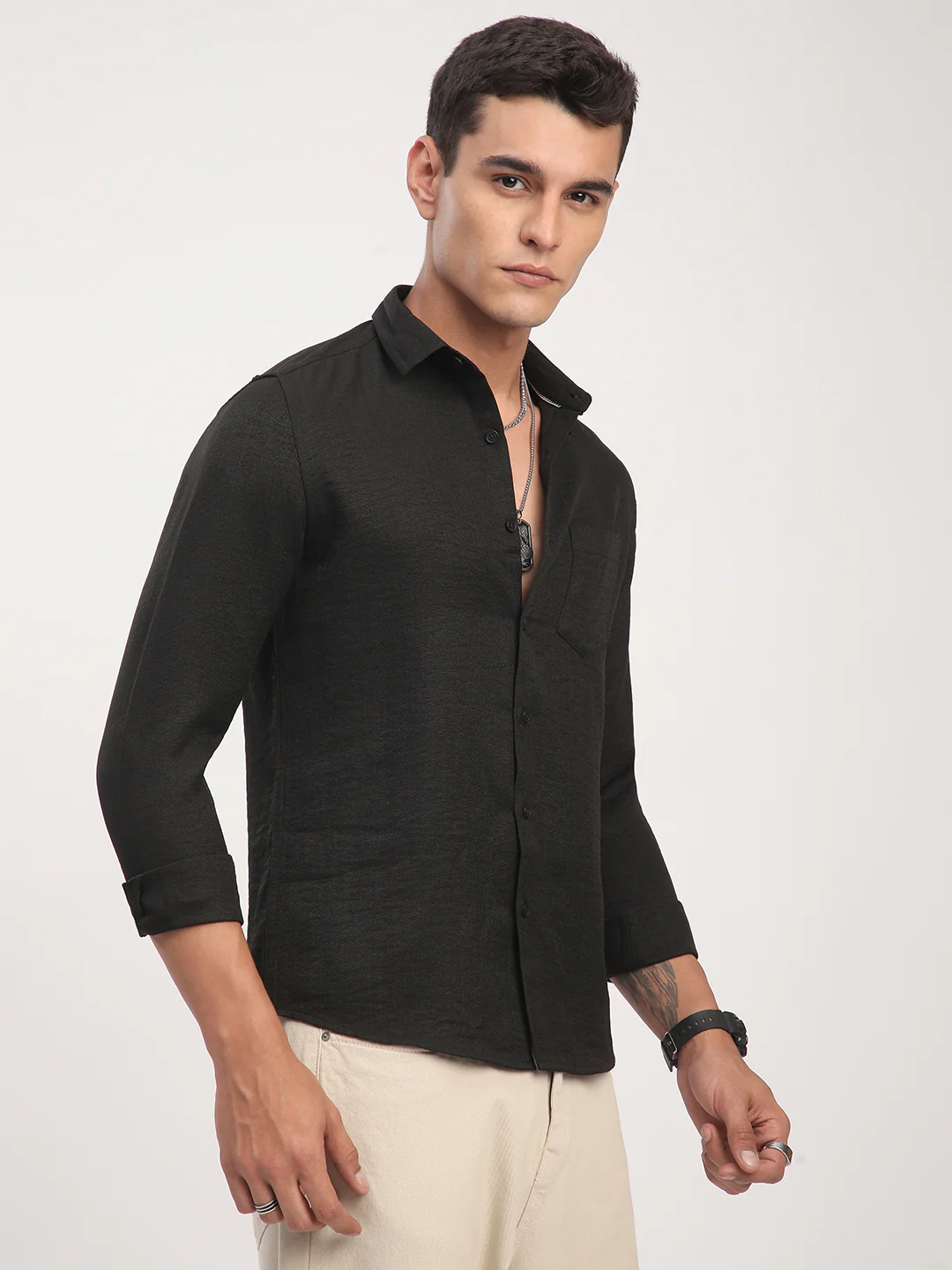 Black Minimalist Solid Crinkled Shirt - Image 6