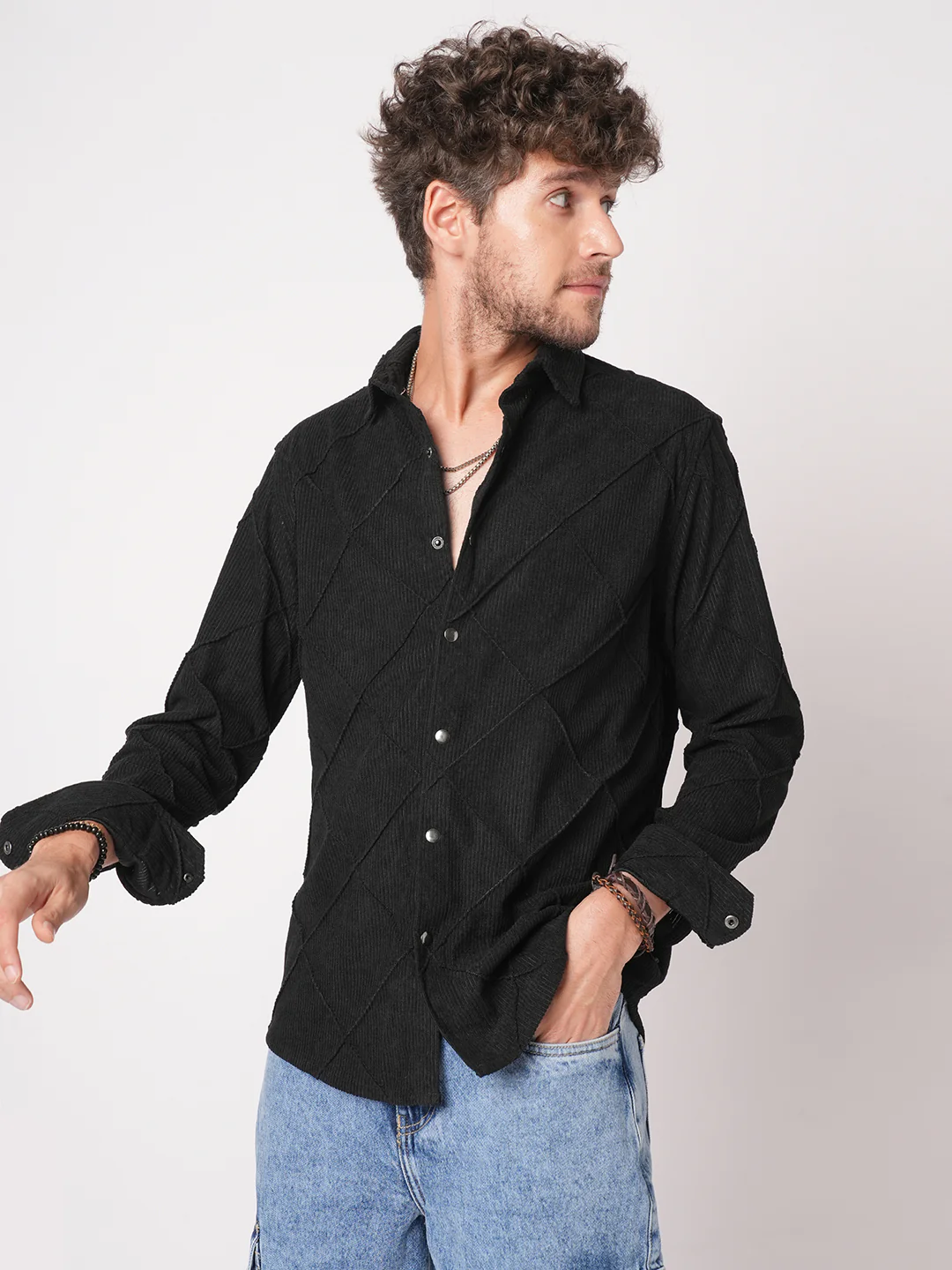 Black Nightline Diamond Stitch Corduroy Shirt - Image 2