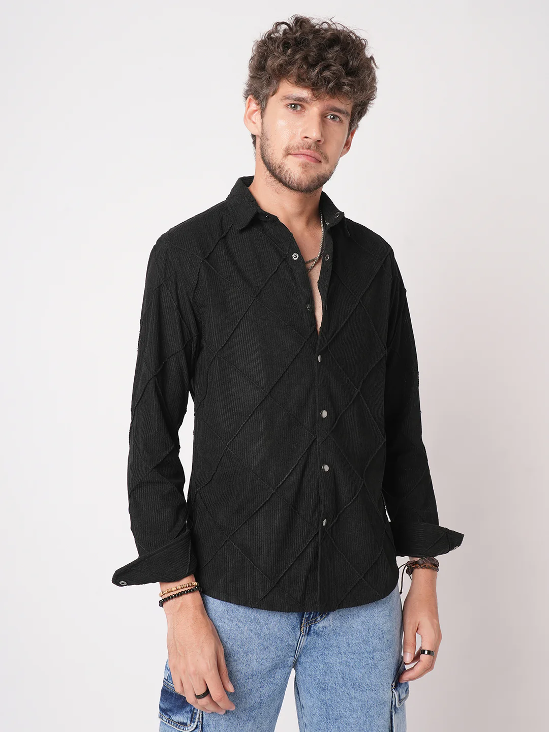 Black Nightline Diamond Stitch Corduroy Shirt - Image 5