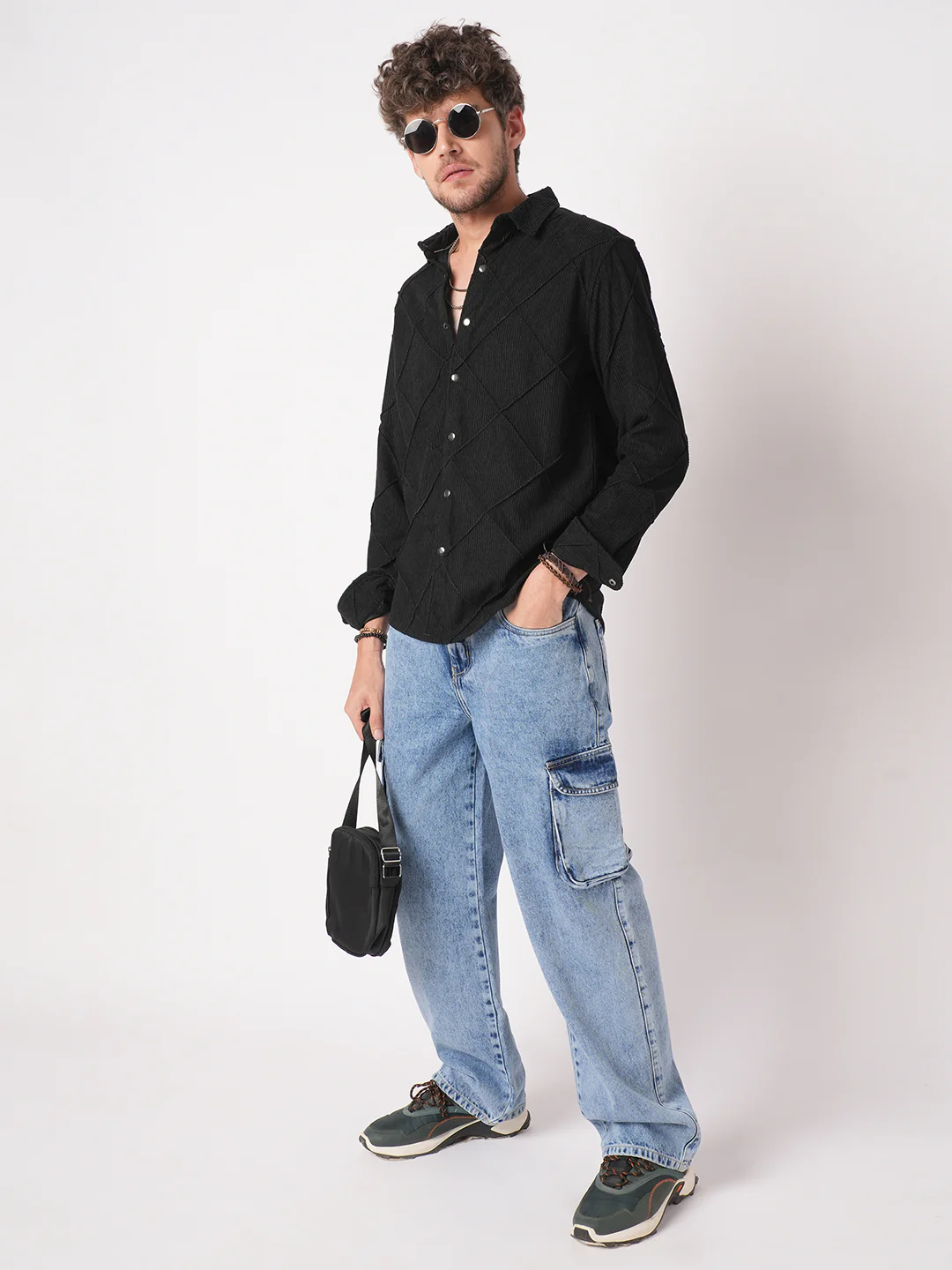 Black Nightline Diamond Stitch Corduroy Shirt - Image 8