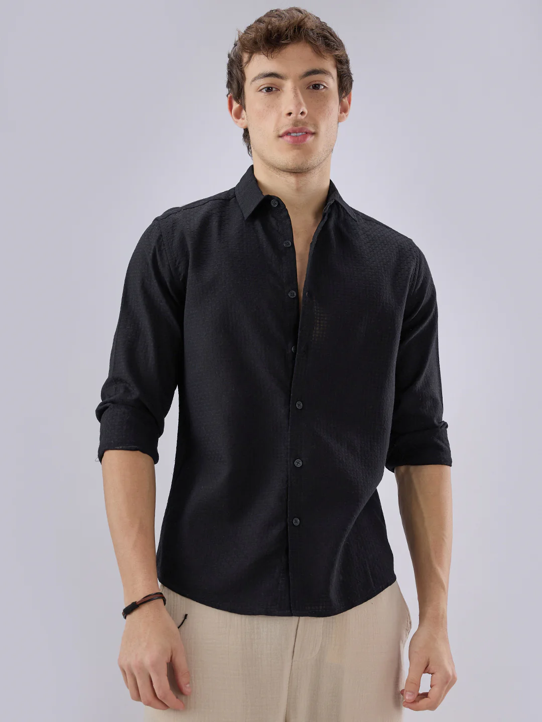 Black Open Weave Refined Textured Shirt - Image 5