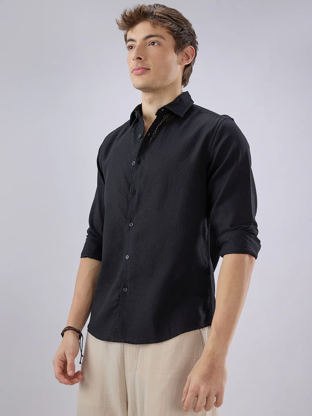 Black Open Weave Refined Textured Shirt - Image 6