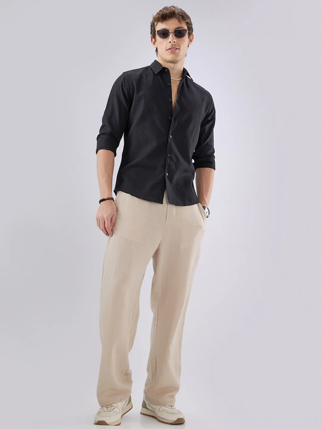 Black Open Weave Refined Textured Shirt - Image 8