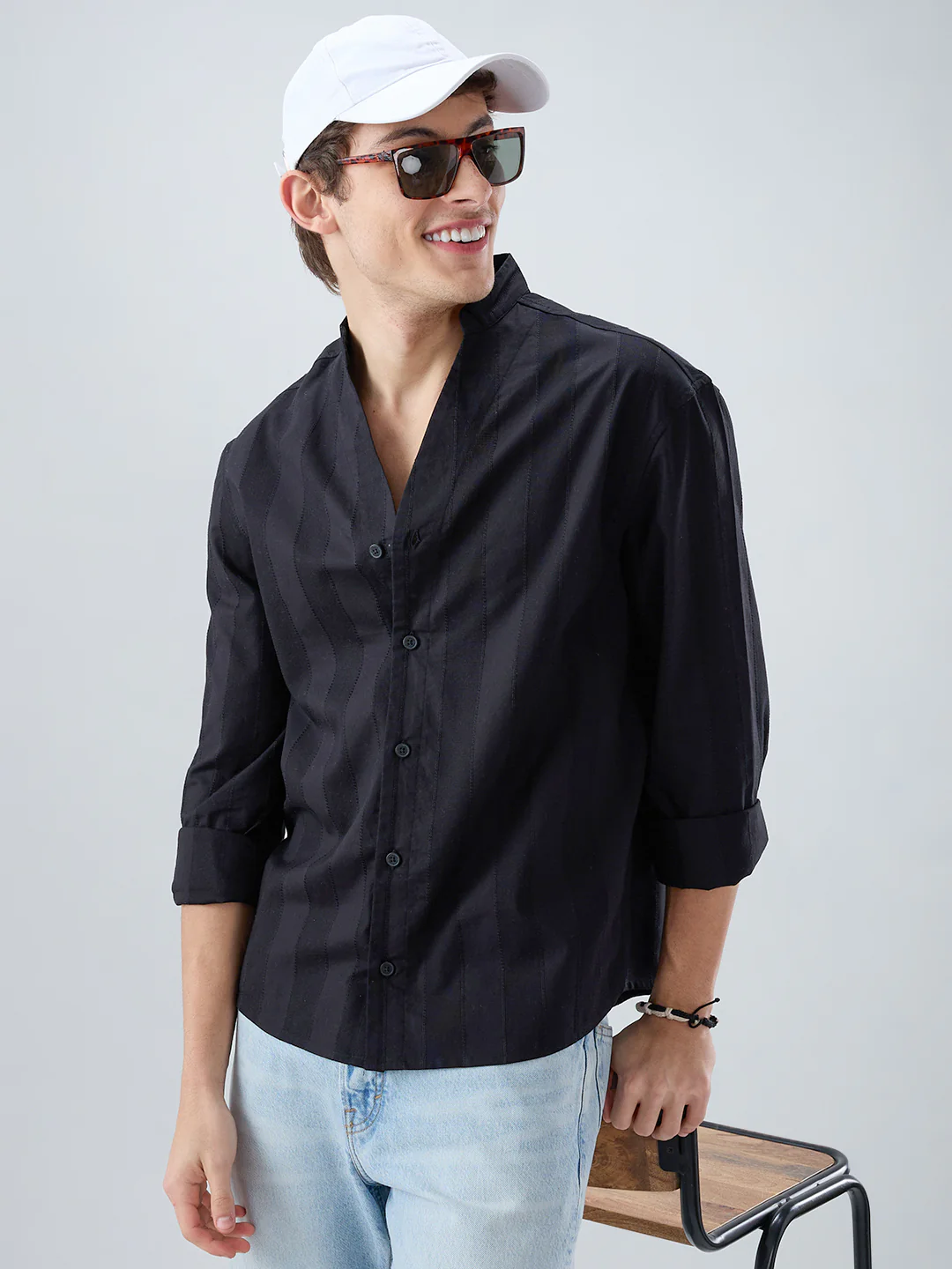 Black Panel Textured Stand Collar Oversized Shirt - Image 2