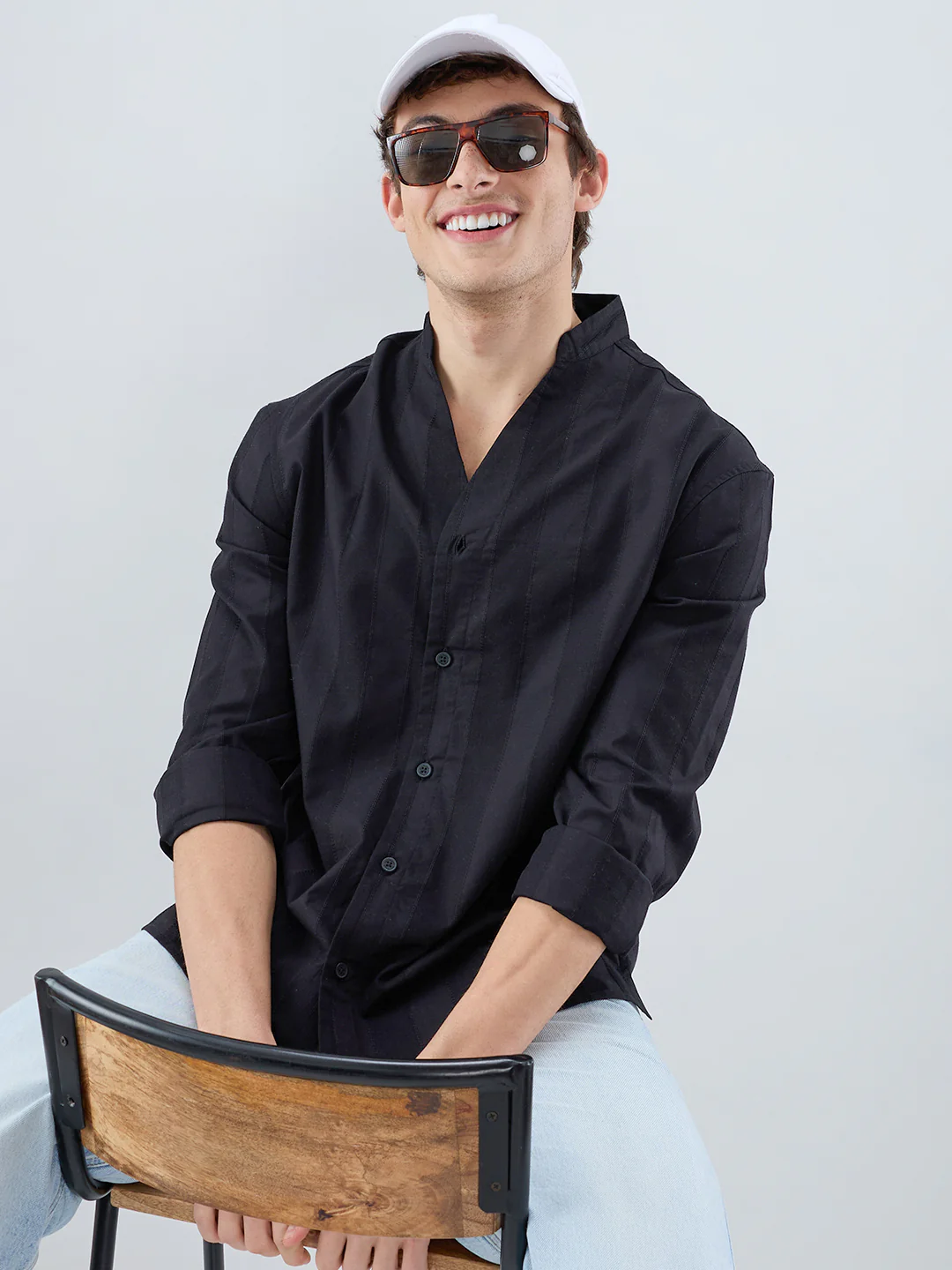 Black Panel Textured Stand Collar Oversized Shirt - Image 4