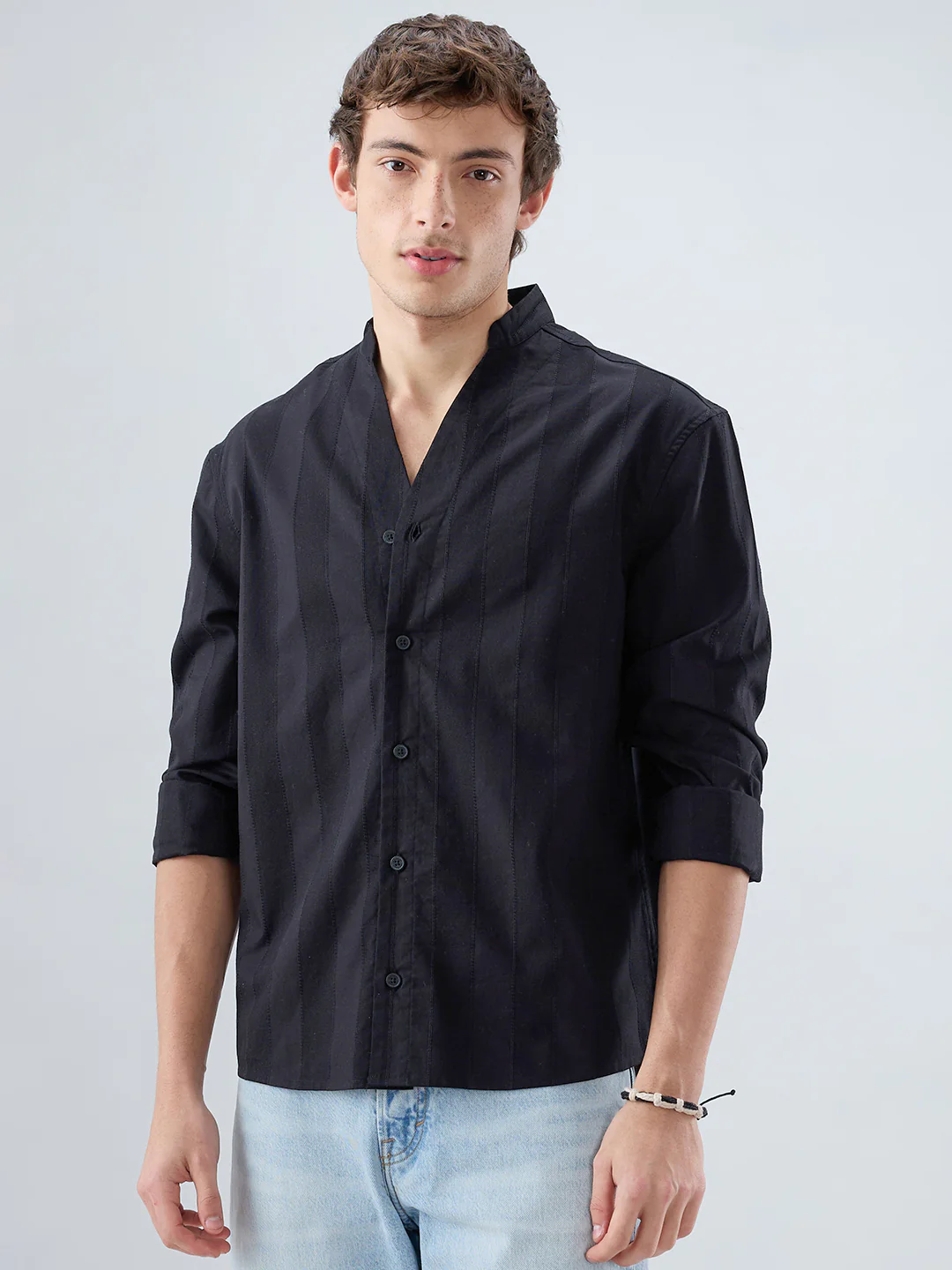 Black Panel Textured Stand Collar Oversized Shirt - Image 5
