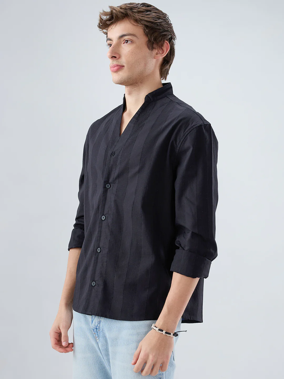 Black Panel Textured Stand Collar Oversized Shirt - Image 6
