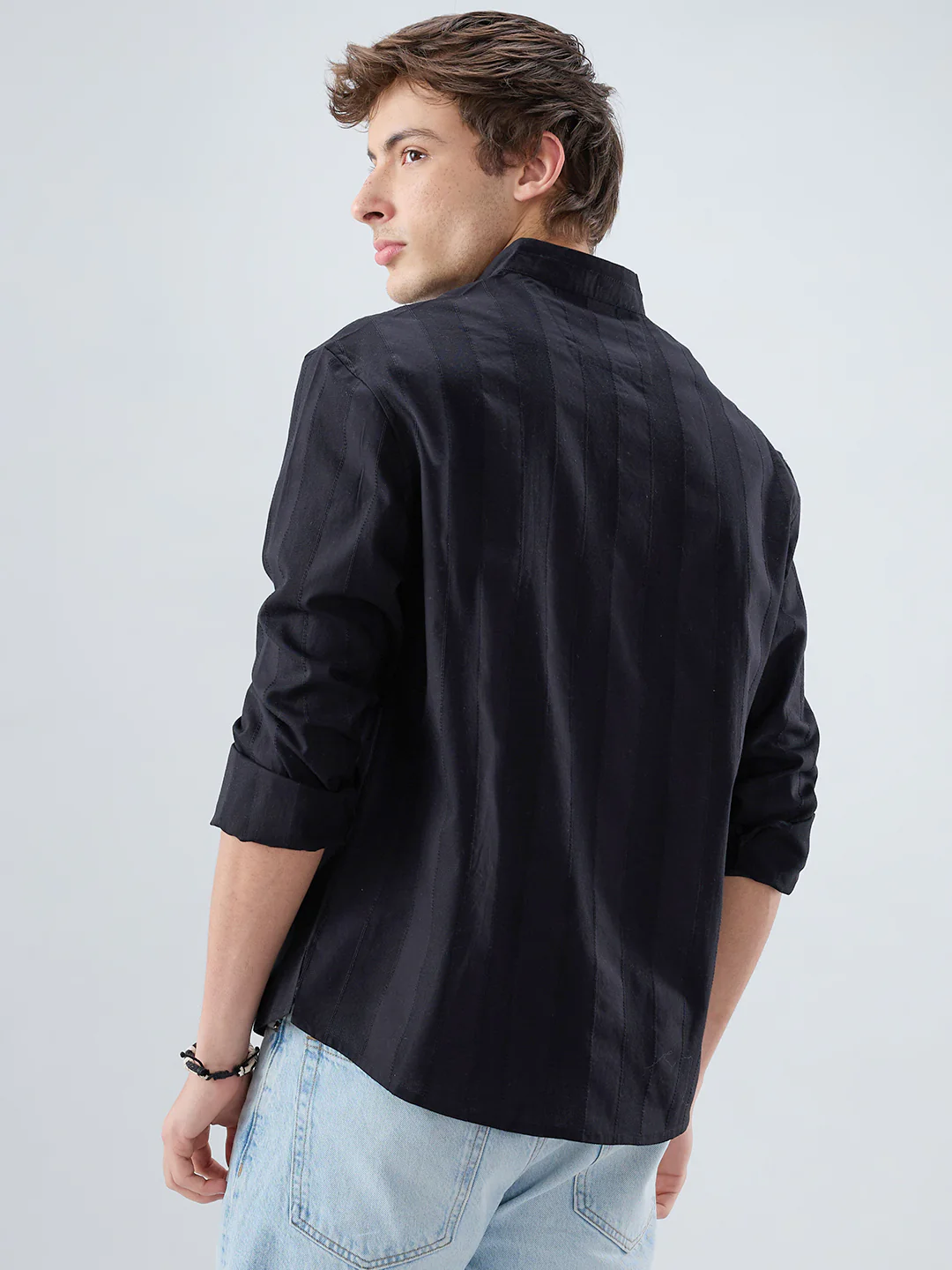 Black Panel Textured Stand Collar Oversized Shirt - Image 7