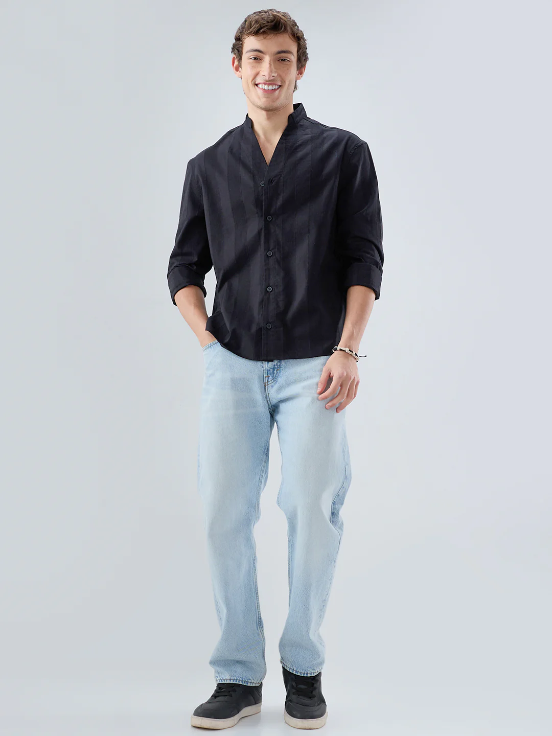 Black Panel Textured Stand Collar Oversized Shirt - Image 8