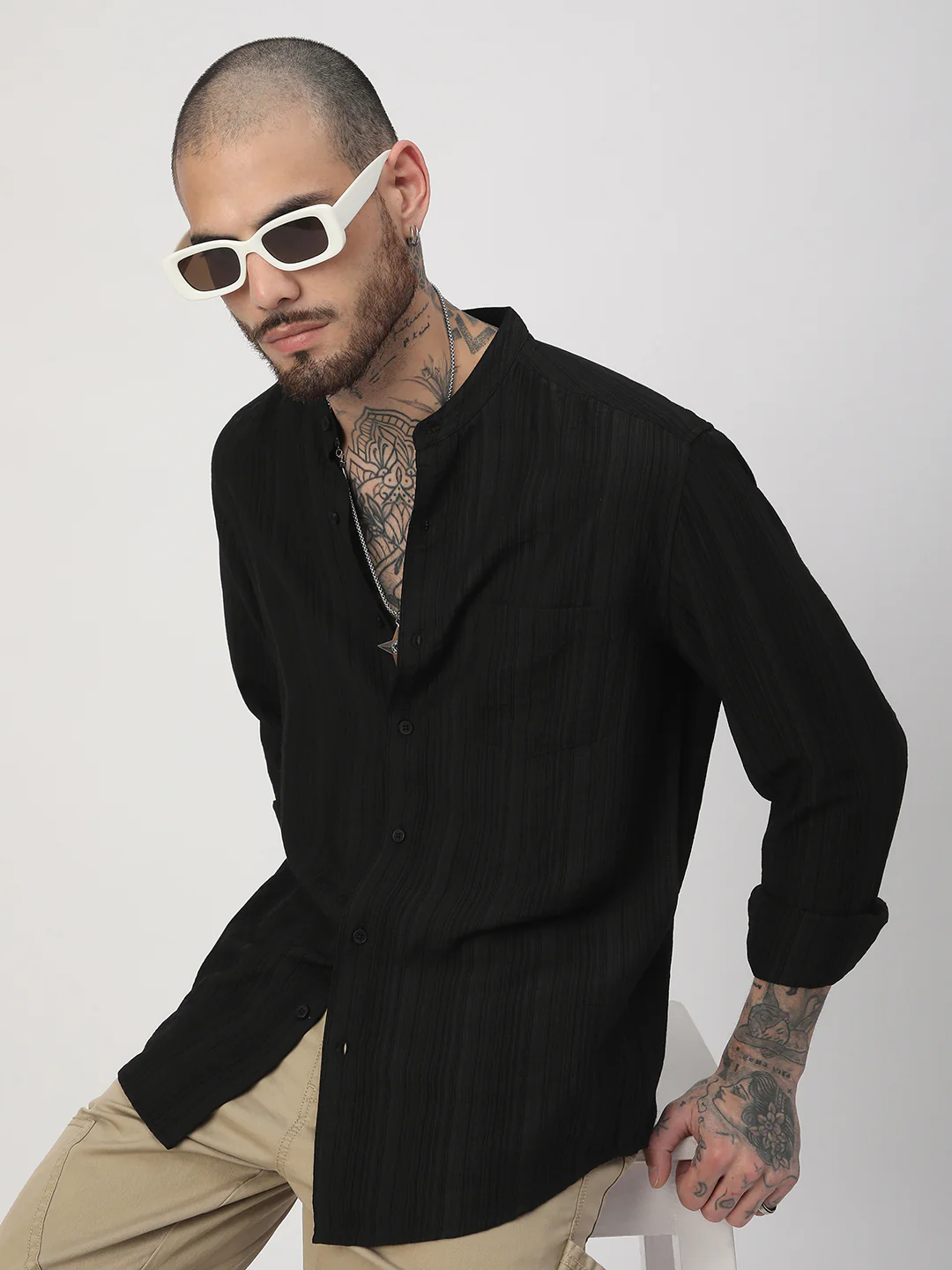 Black Pencil Stripes Mandarin Shirt - Image 2