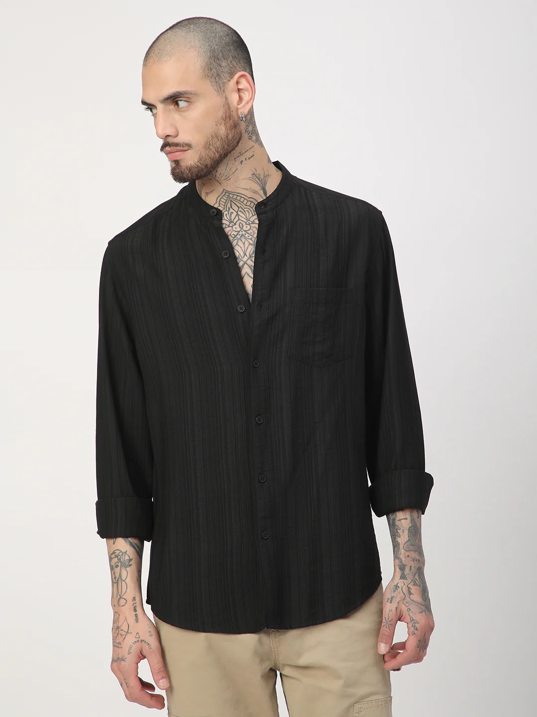 Black Pencil Stripes Mandarin Shirt - Image 4
