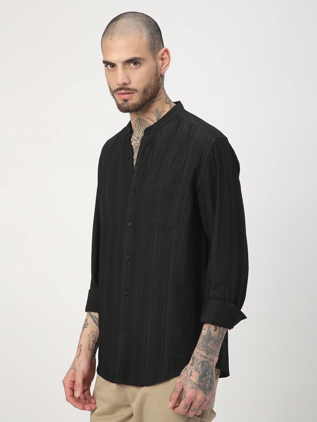 Black Pencil Stripes Mandarin Shirt - Image 5