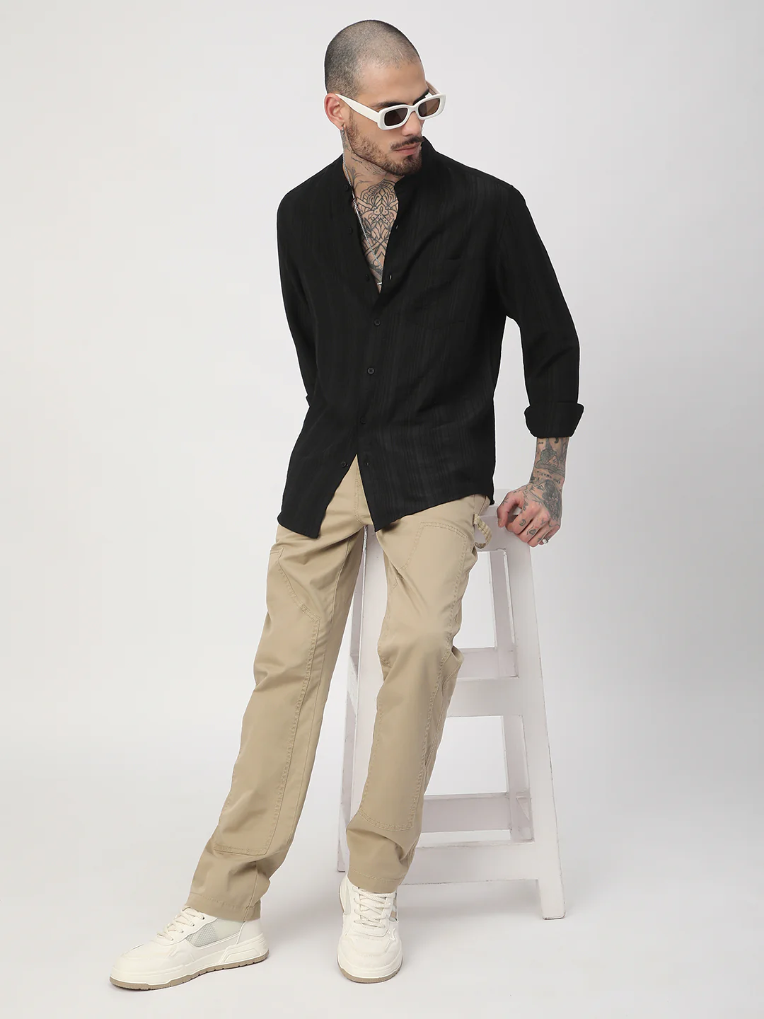 Black Pencil Stripes Mandarin Shirt - Image 7