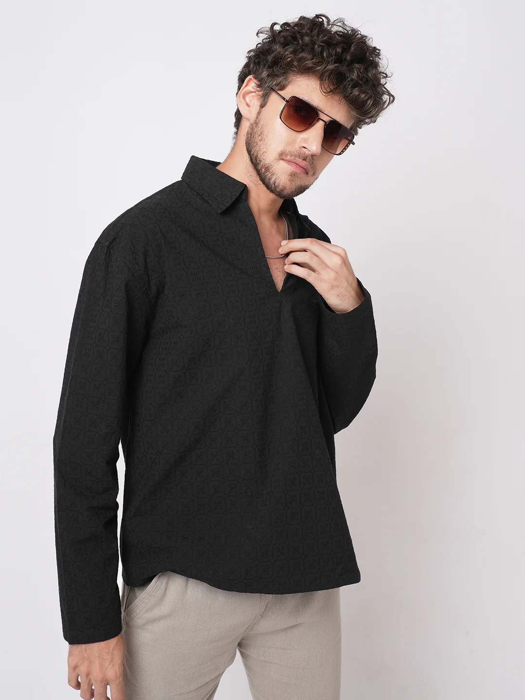 Black Petal Grid Embroidered Polo Neck Oversized Shirt - Image 2