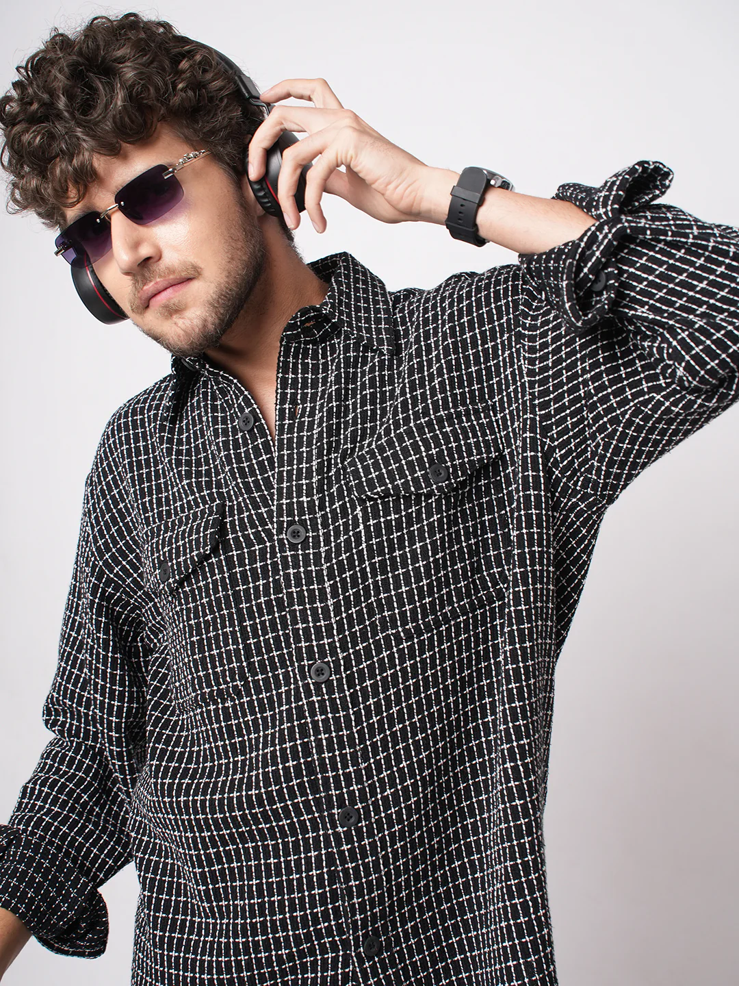 Black Sculpted Checks Double Pocket Overshirt - Image 2