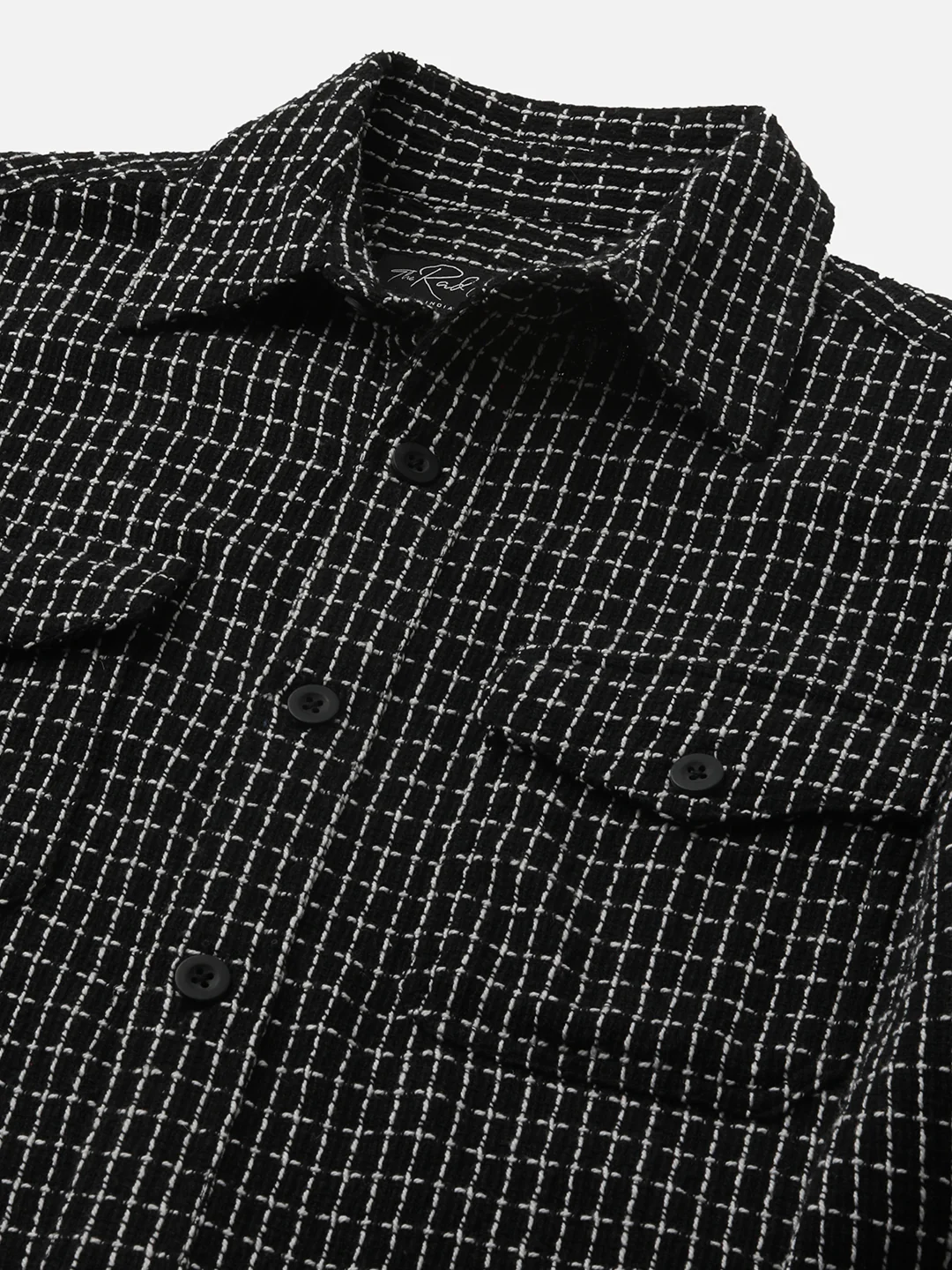 Black Sculpted Checks Double Pocket Overshirt - Image 3