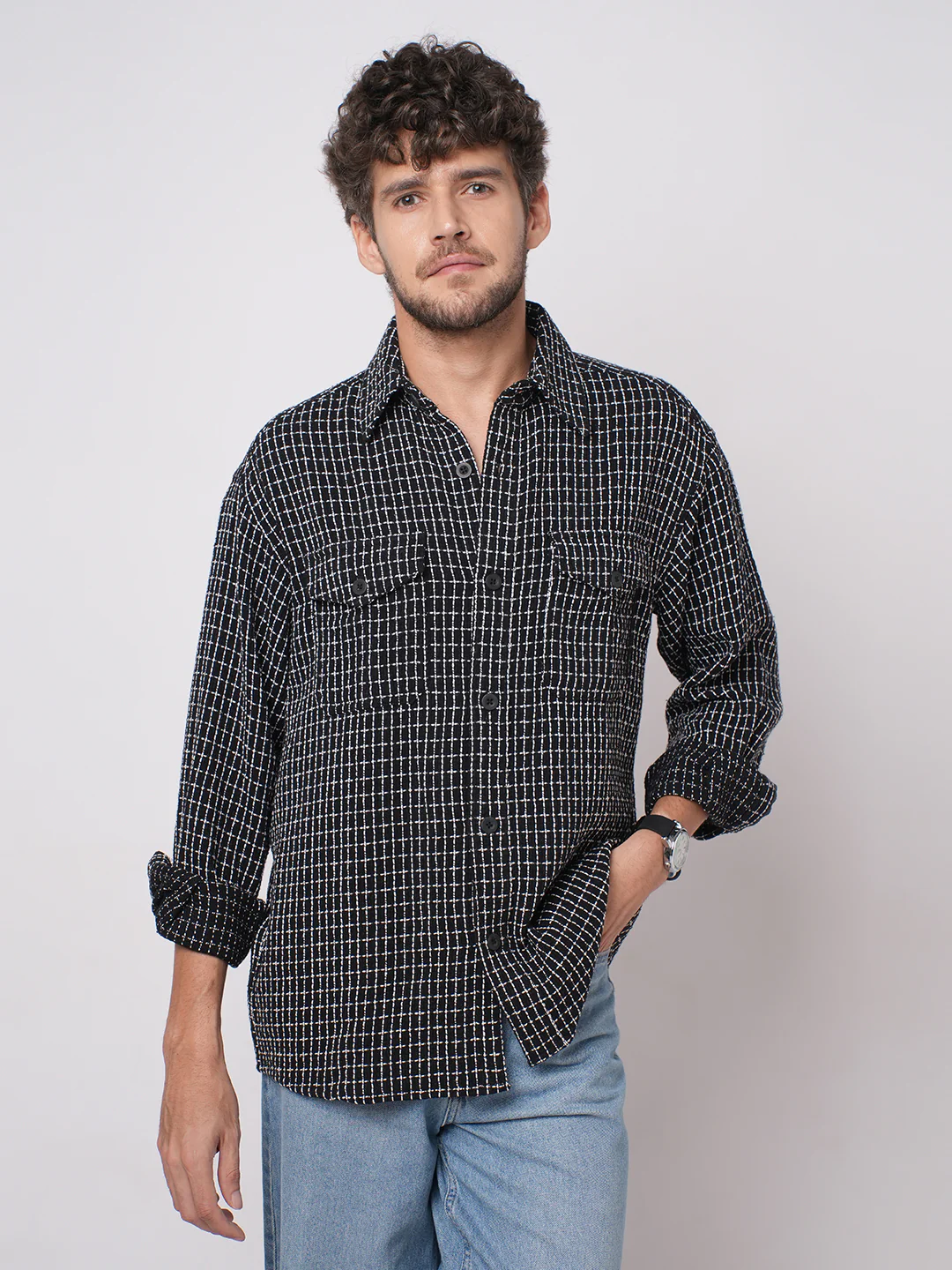 Black Sculpted Checks Double Pocket Overshirt - Image 4