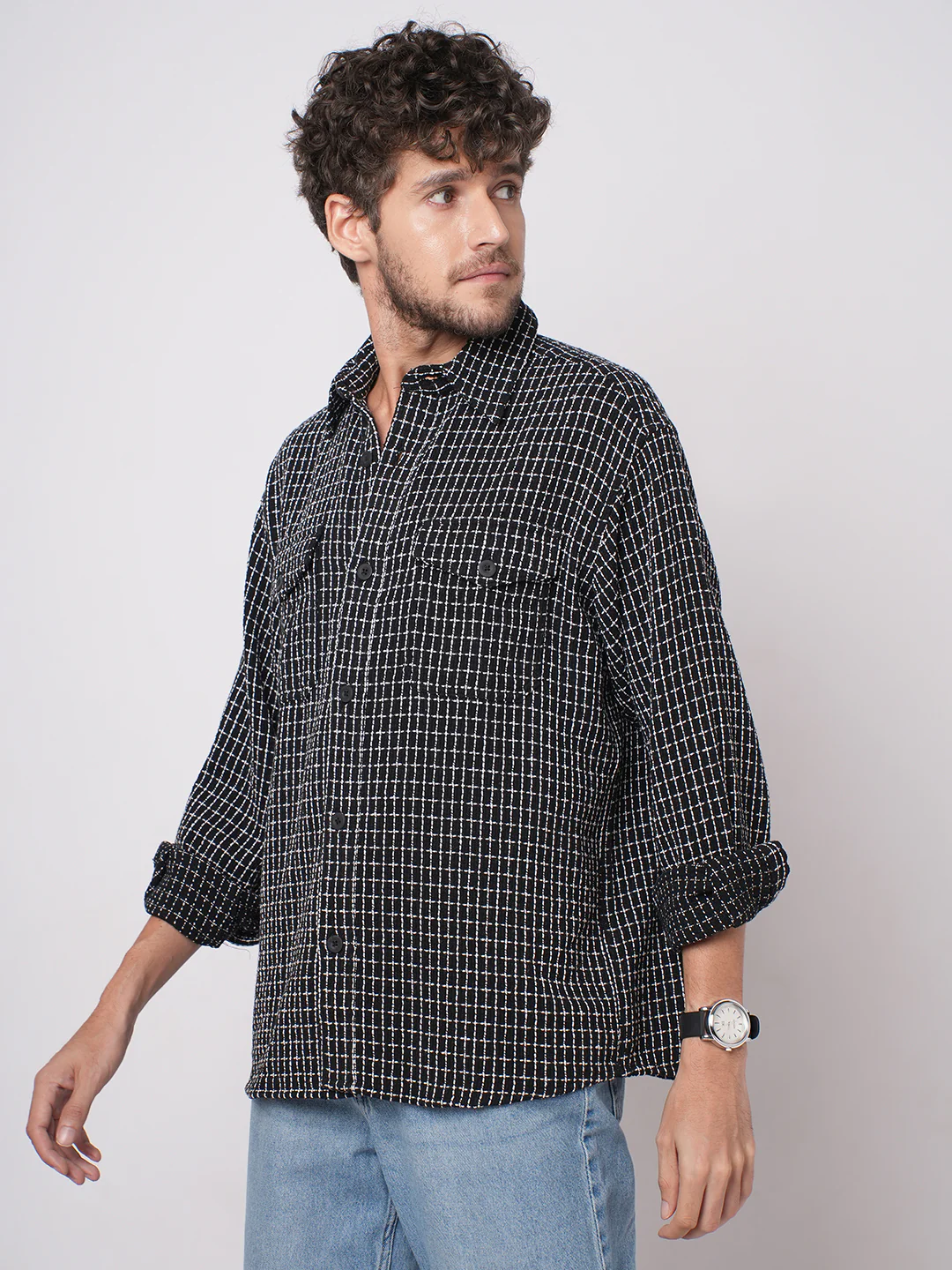 Black Sculpted Checks Double Pocket Overshirt - Image 5