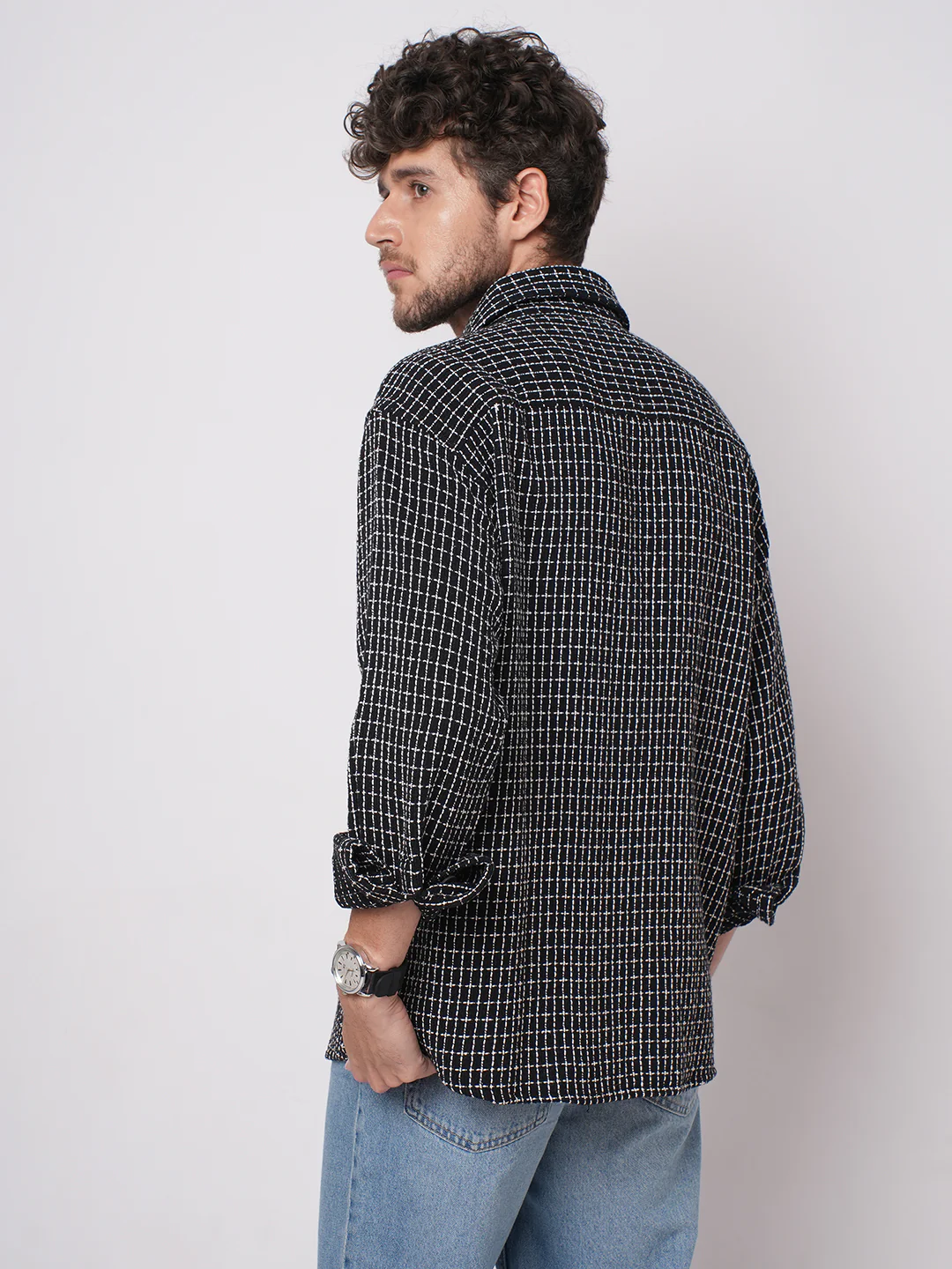 Black Sculpted Checks Double Pocket Overshirt - Image 6
