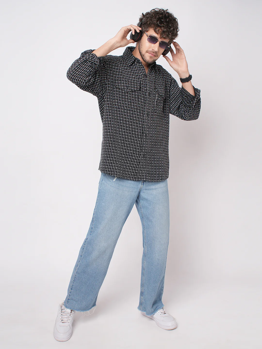 Black Sculpted Checks Double Pocket Overshirt - Image 7