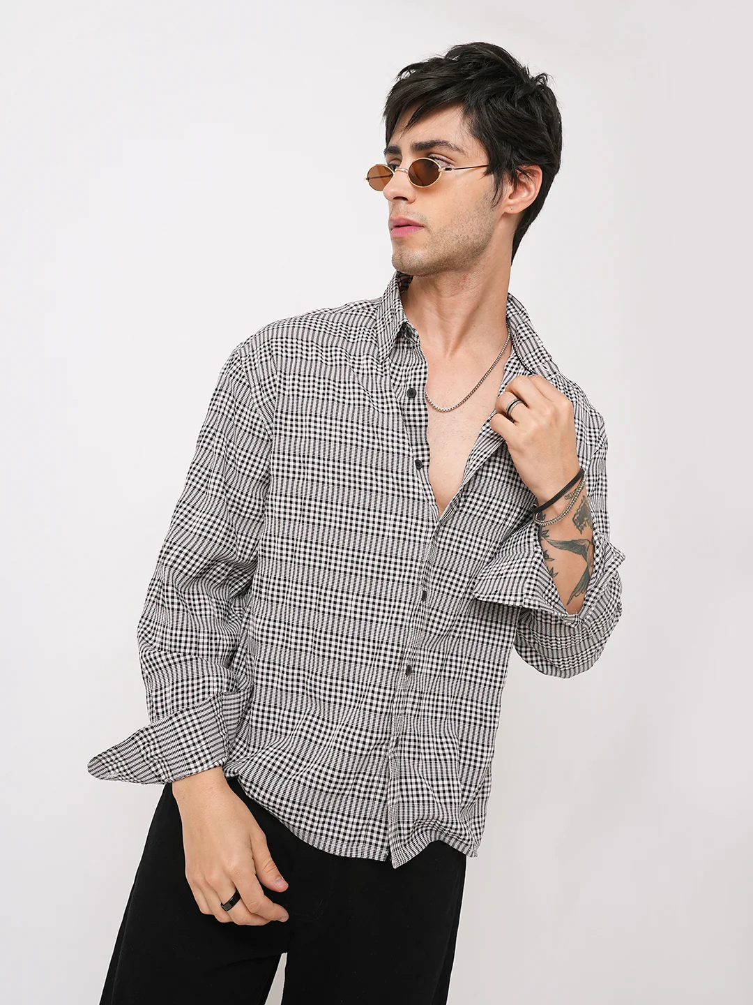 Black Seersucker Checks Boxy Fit Crop Shirt - Image 2