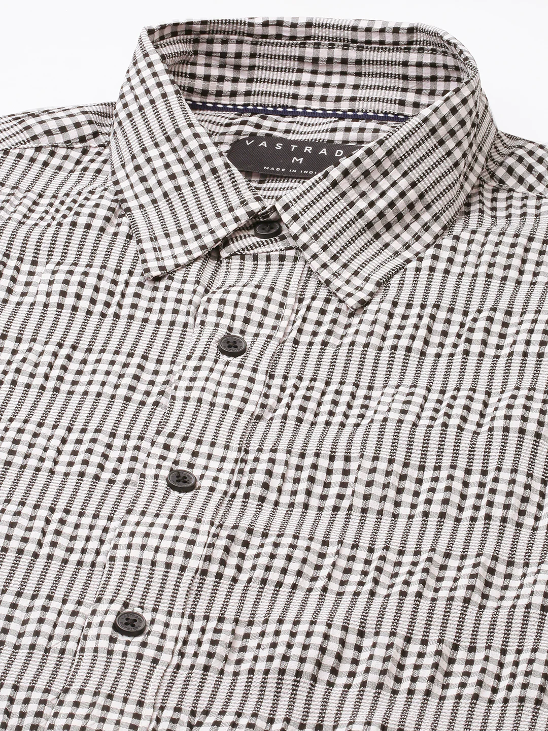 Black Seersucker Checks Boxy Fit Crop Shirt - Image 3