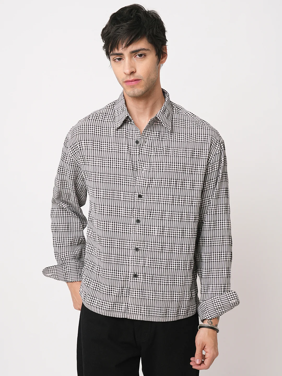 Black Seersucker Checks Boxy Fit Crop Shirt - Image 5
