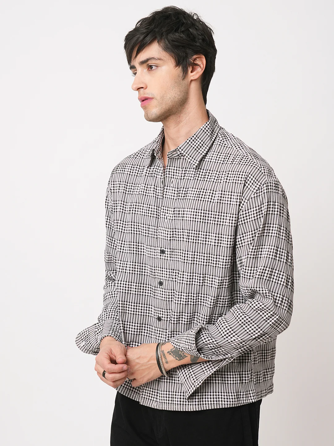 Black Seersucker Checks Boxy Fit Crop Shirt - Image 6