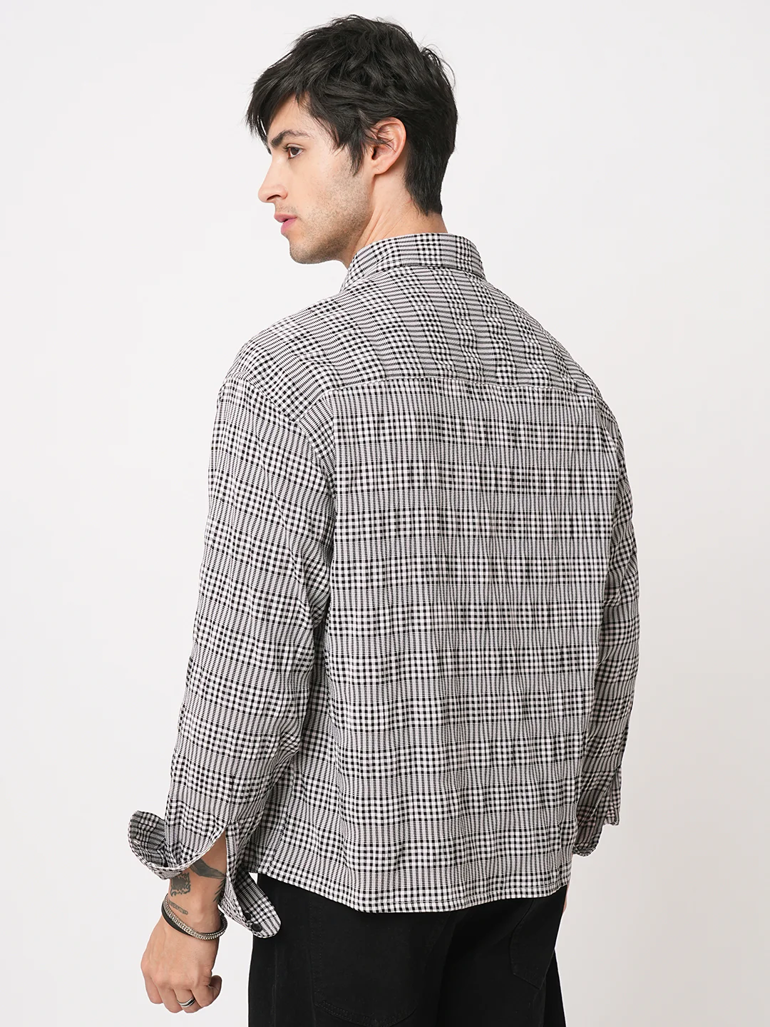 Black Seersucker Checks Boxy Fit Crop Shirt - Image 7