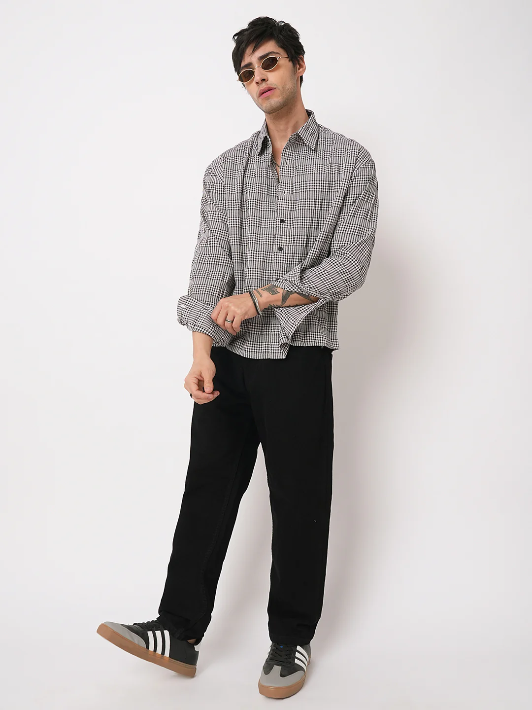 Black Seersucker Checks Boxy Fit Crop Shirt - Image 8