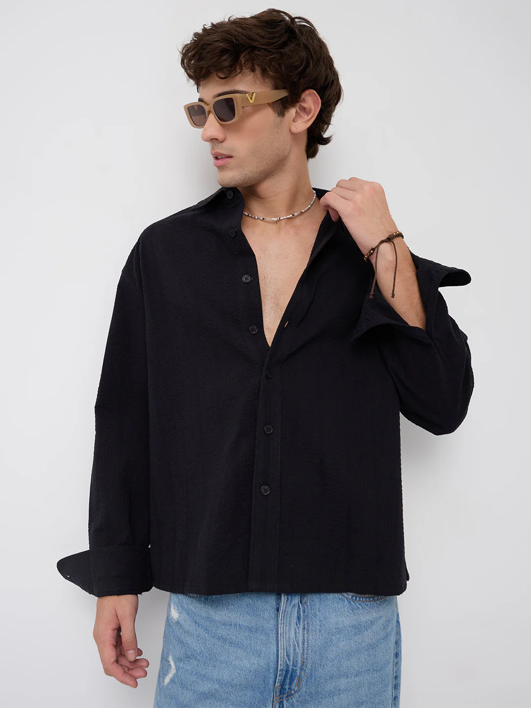 Black Seersucker Striped Boxy Fit Crop Shirt - Image 2