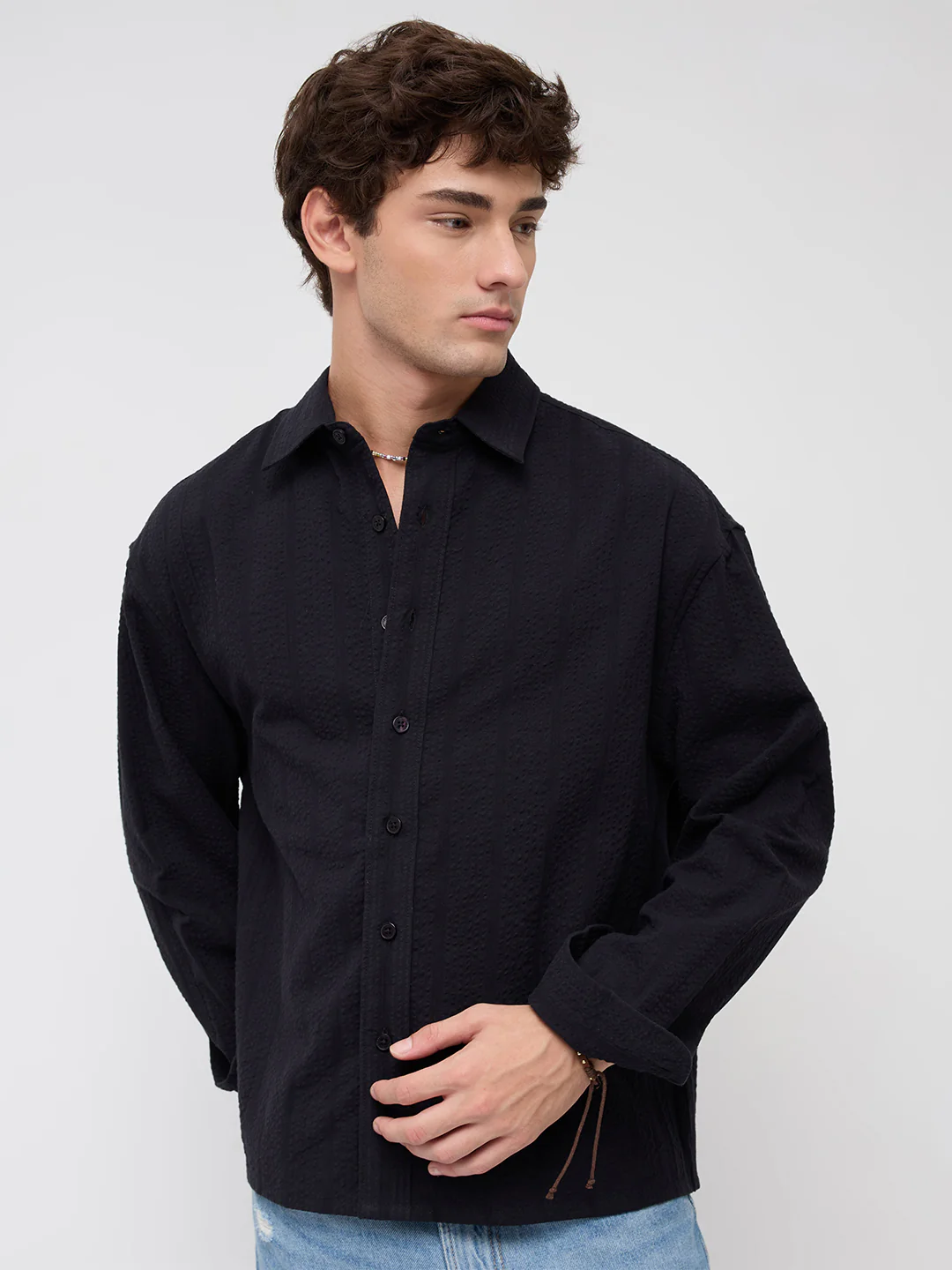 Black Seersucker Striped Boxy Fit Crop Shirt - Image 5