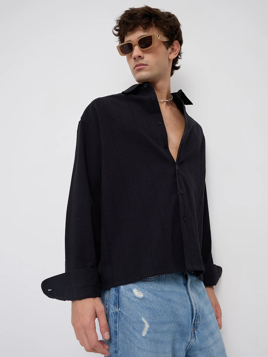 Black Seersucker Striped Boxy Fit Crop Shirt - Image 6
