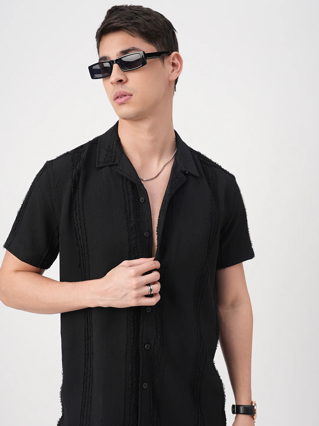 Black Self-Design Frayed Oversized Shirt - Image 2