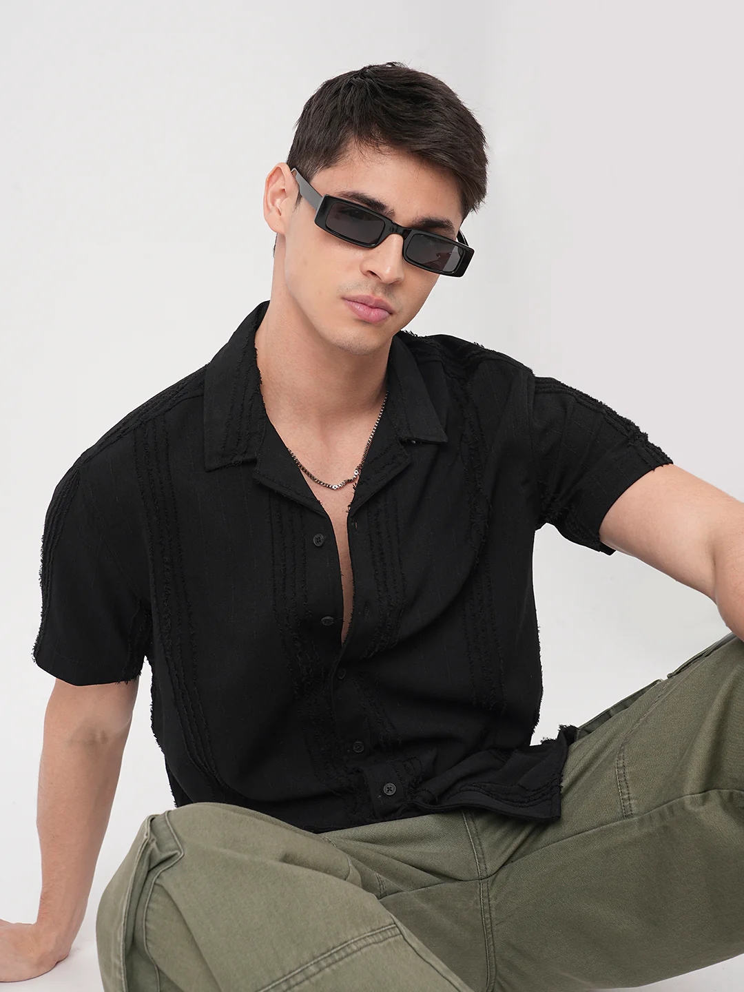 Black Self-Design Frayed Oversized Shirt - Image 4