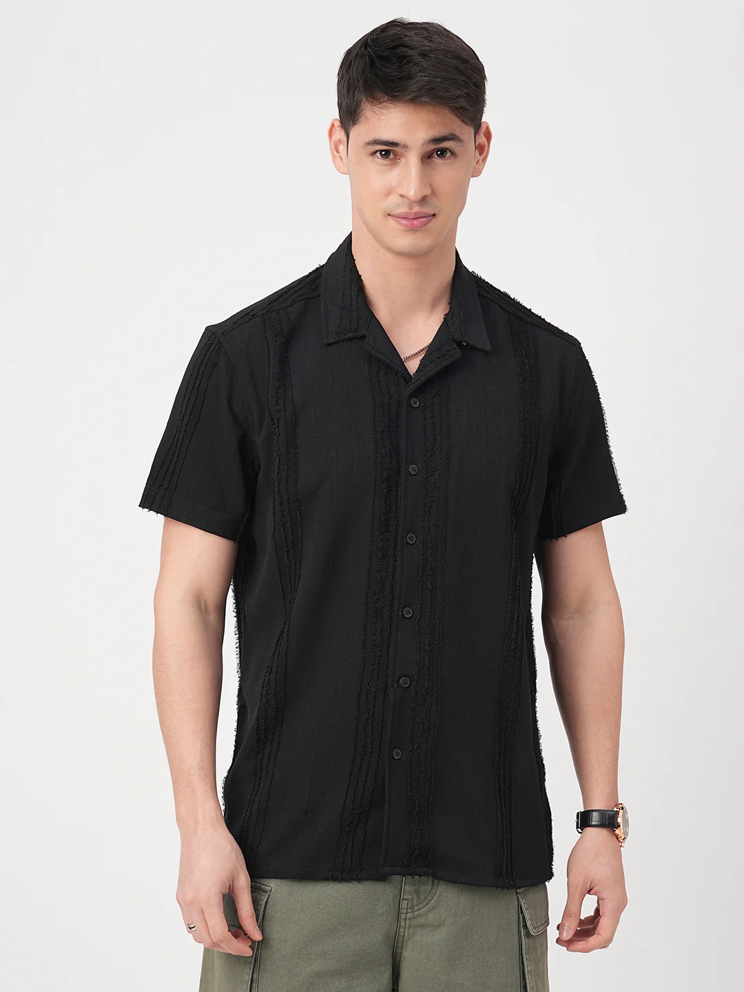 Black Self-Design Frayed Oversized Shirt - Image 5
