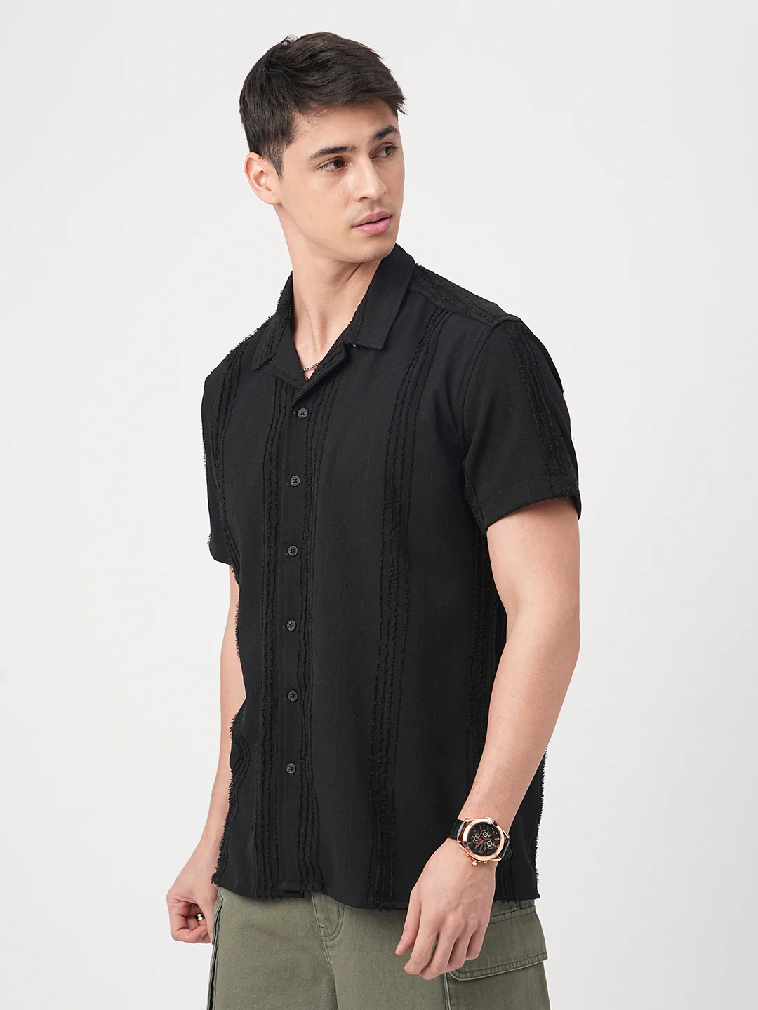 Black Self-Design Frayed Oversized Shirt - Image 6