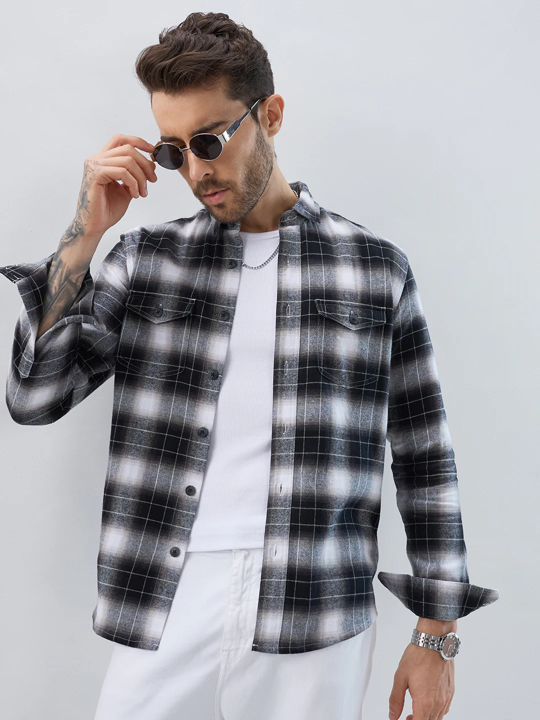 Black & Silver Mist Plaid Checks Double Pocket Flannel Shirt - Image 2