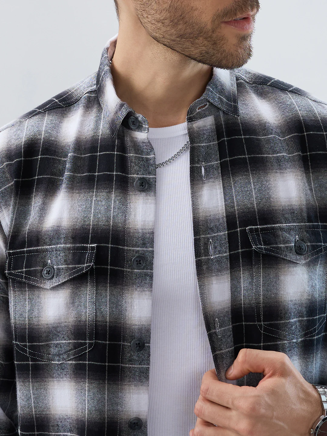 Black & Silver Mist Plaid Checks Double Pocket Flannel Shirt - Image 3