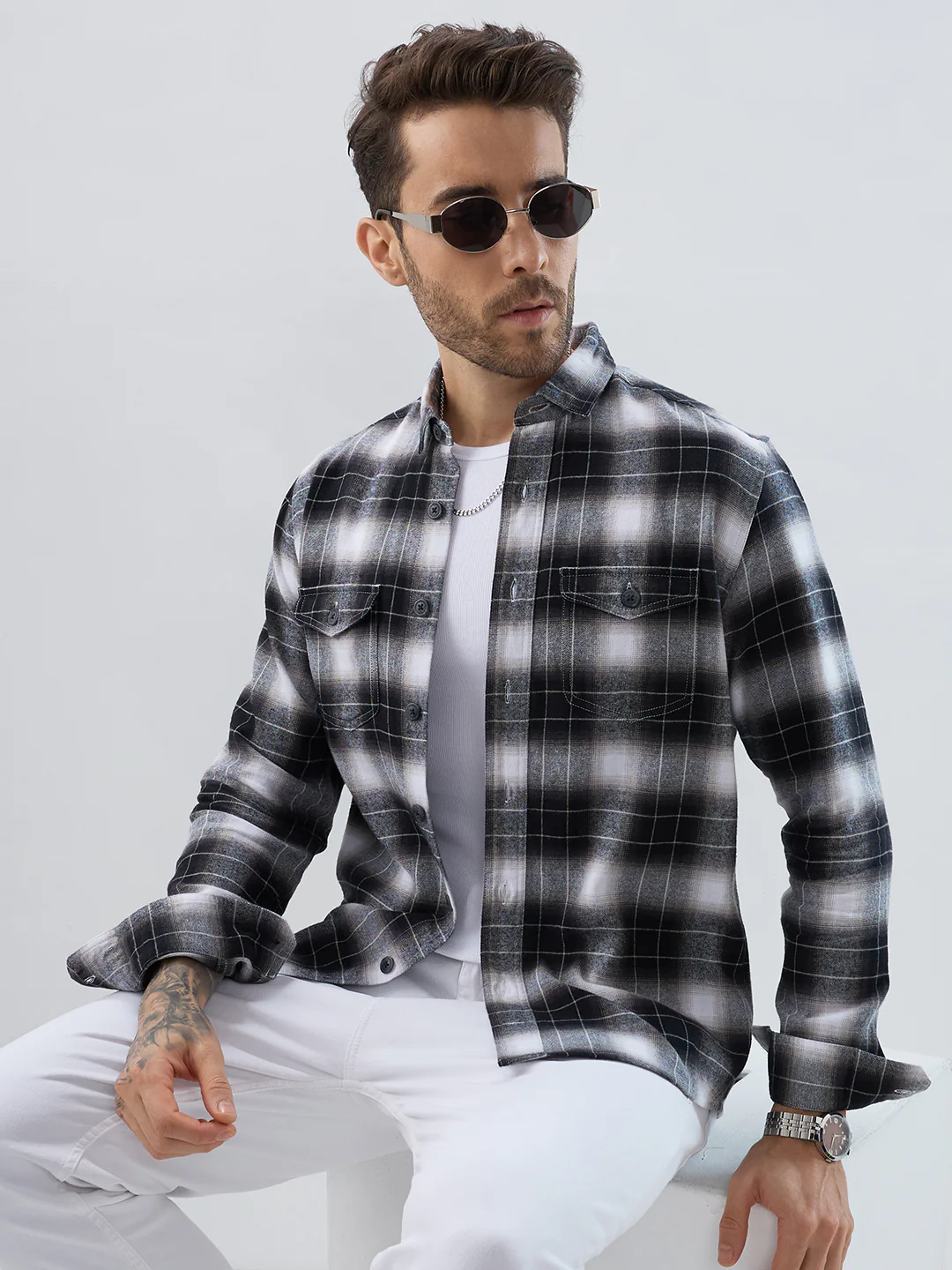 Black & Silver Mist Plaid Checks Double Pocket Flannel Shirt - Image 4