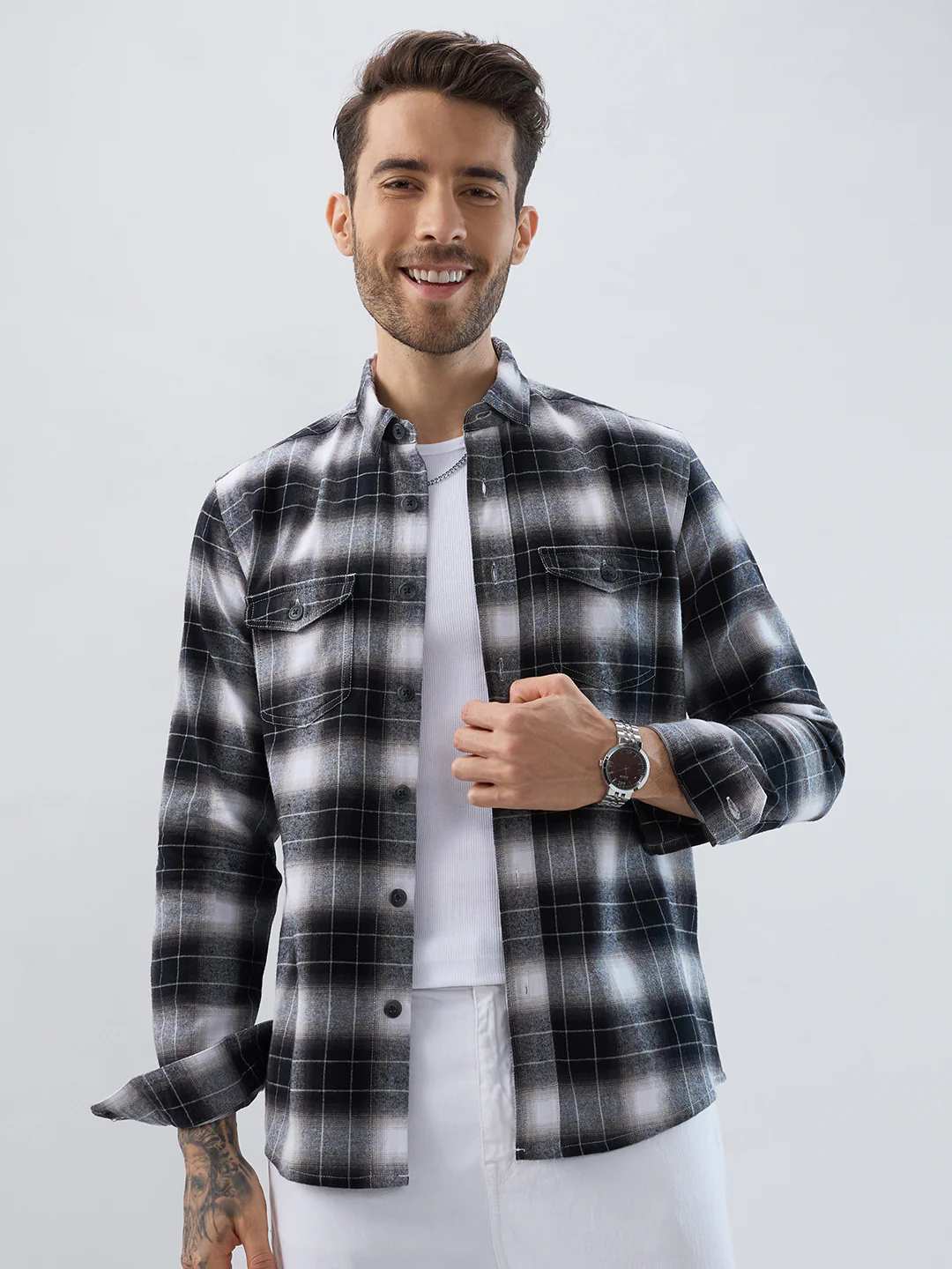 Black & Silver Mist Plaid Checks Double Pocket Flannel Shirt - Image 5