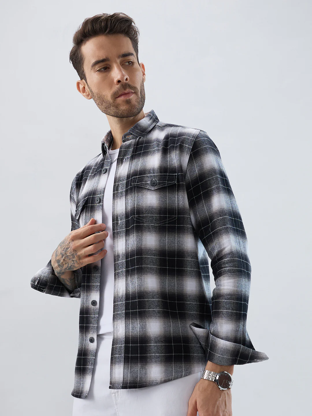 Black & Silver Mist Plaid Checks Double Pocket Flannel Shirt - Image 6