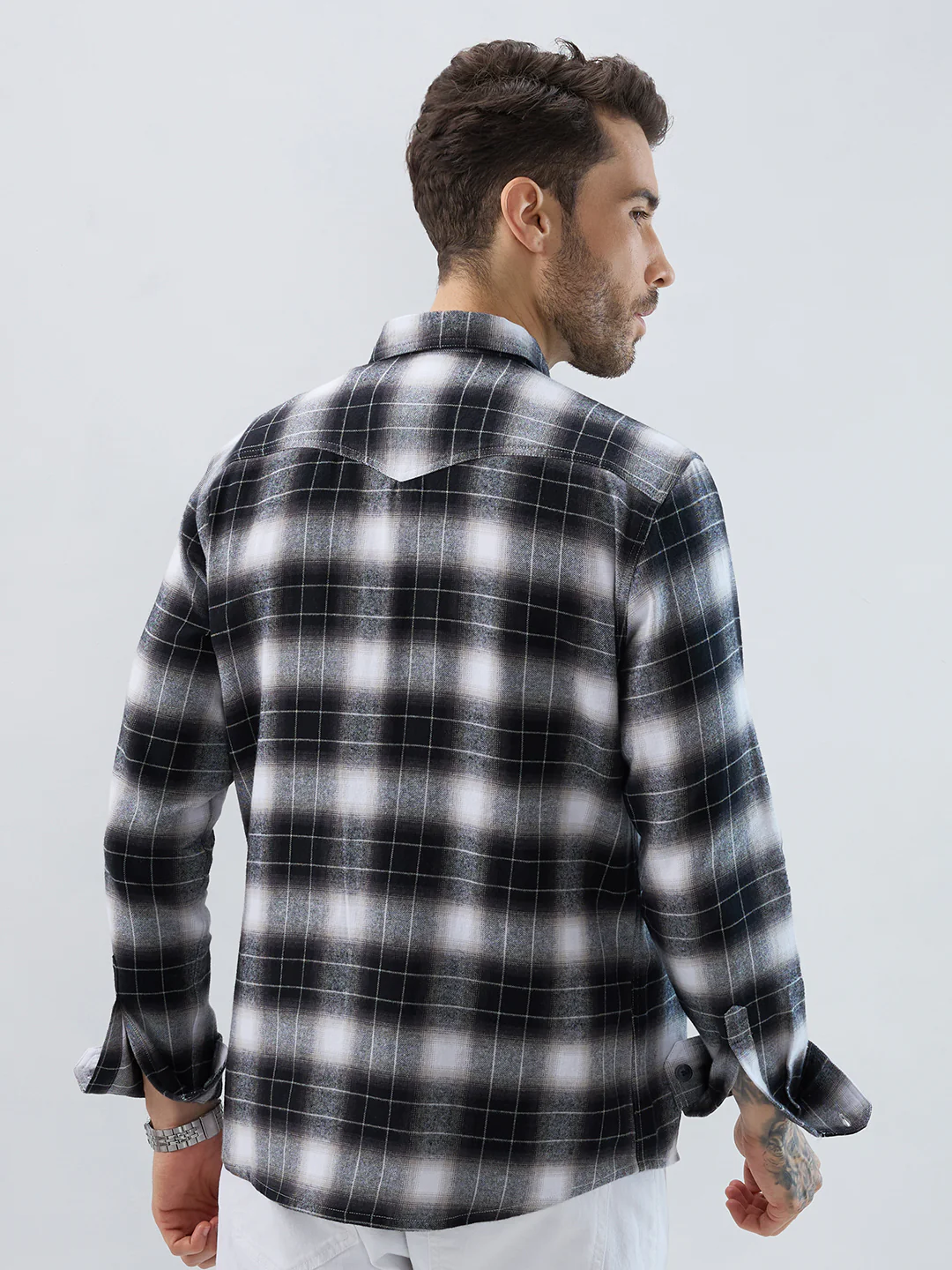 Black & Silver Mist Plaid Checks Double Pocket Flannel Shirt - Image 7