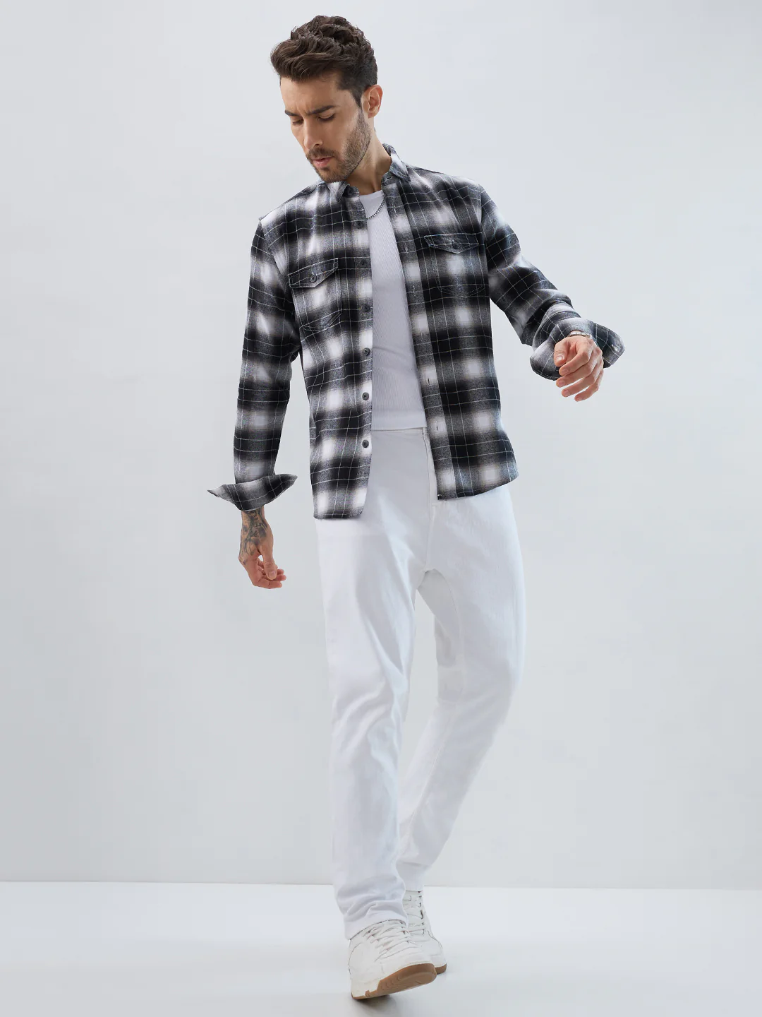 Black & Silver Mist Plaid Checks Double Pocket Flannel Shirt - Image 8