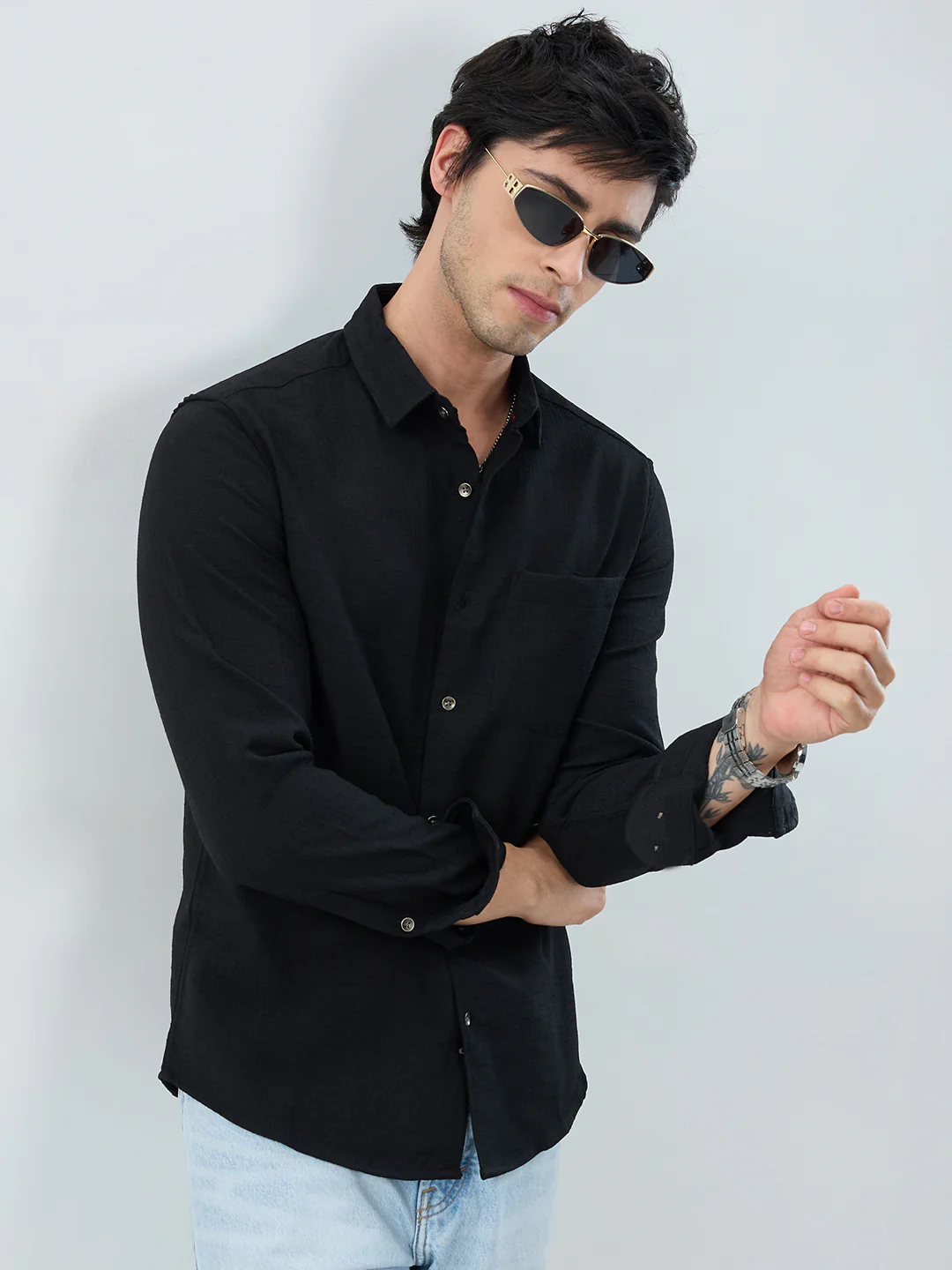 Black Slub Textured Shirt - Image 2
