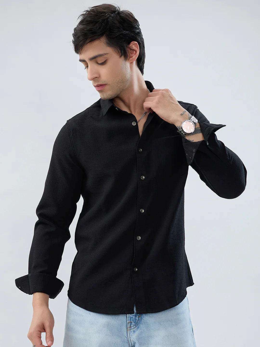 Black Slub Textured Shirt - Image 4