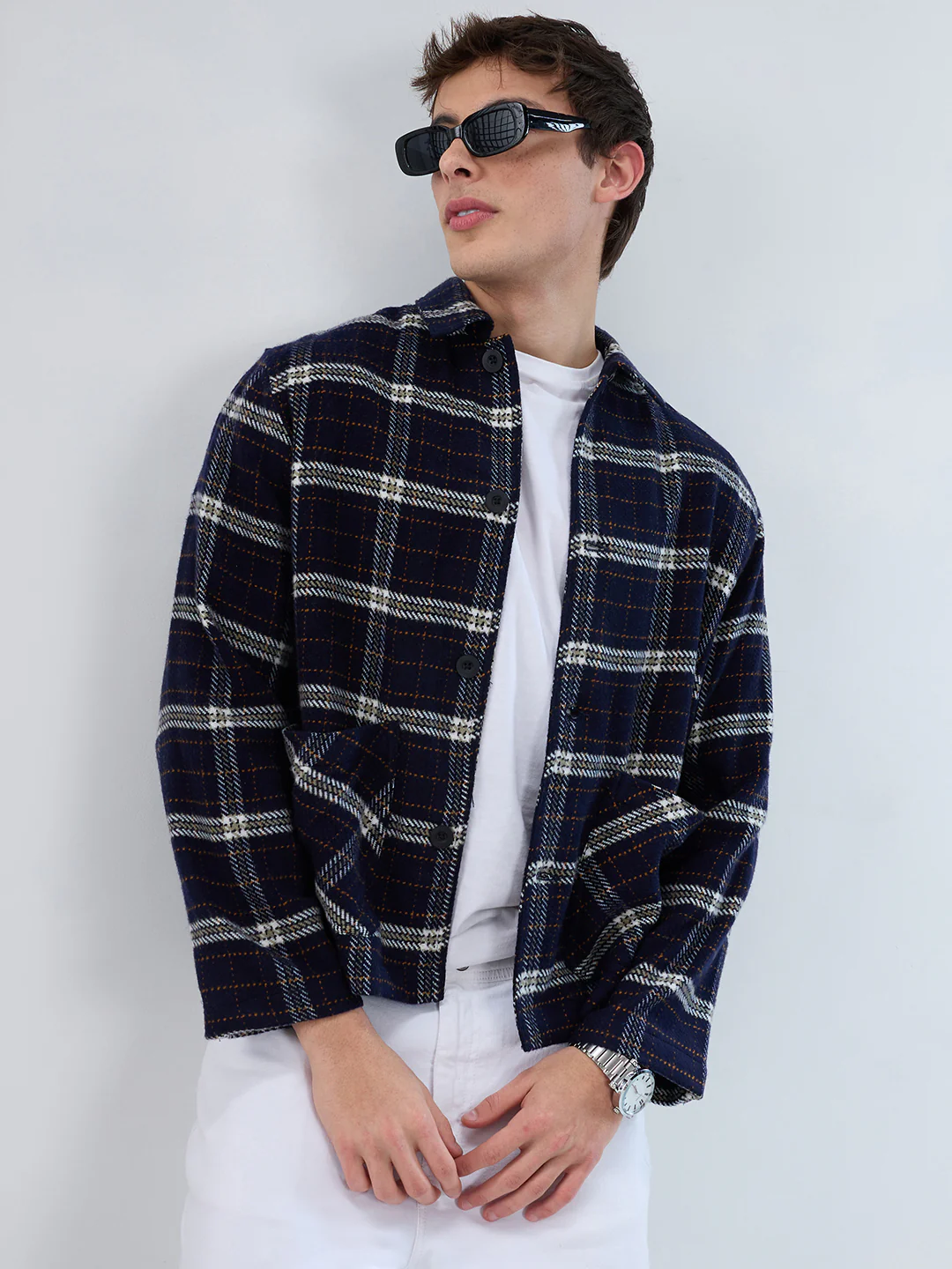 Navy Tartan Checks Double Pocket Flannel Shacket - Image 2