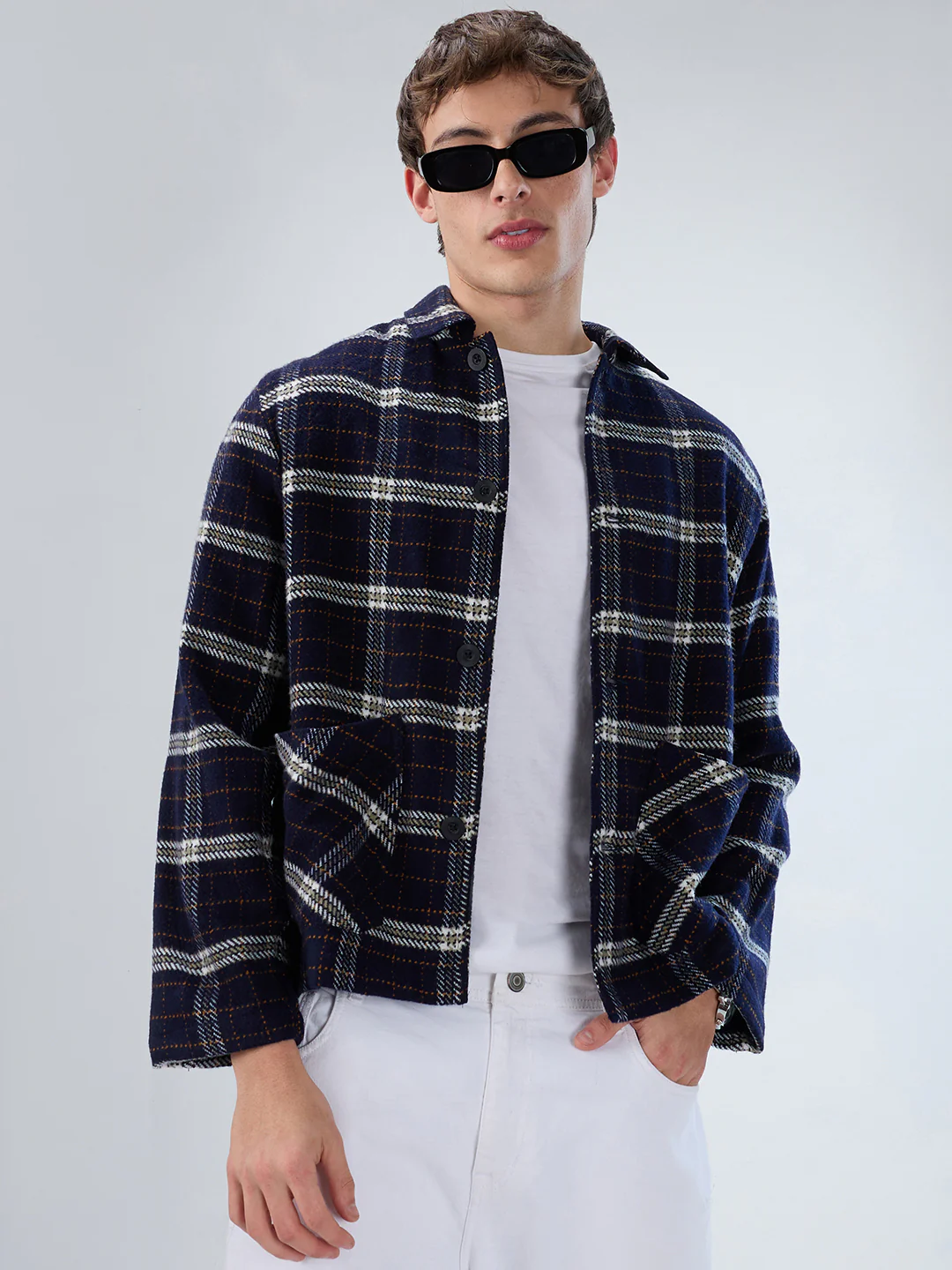 Navy Tartan Checks Double Pocket Flannel Shacket - Image 4