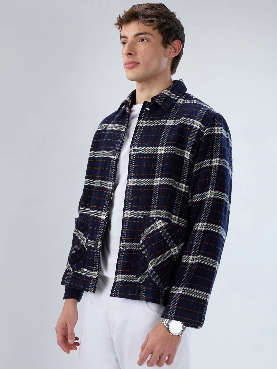 Navy Tartan Checks Double Pocket Flannel Shacket - Image 5